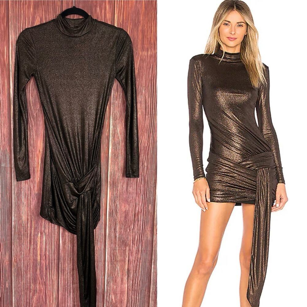 Hours Revolve Metallic Bronze Mock Neck Knot Front Asymmetric Mini Dress XXS